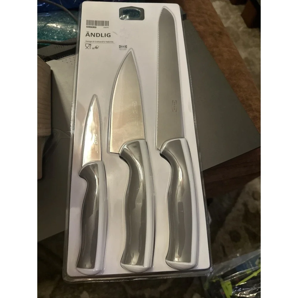 IKEA Hyvla Bamboo Knife Block 6 Slots & Andlig 3 Pc Knife Set New
